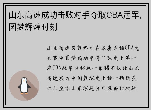 山东高速成功击败对手夺取CBA冠军，圆梦辉煌时刻